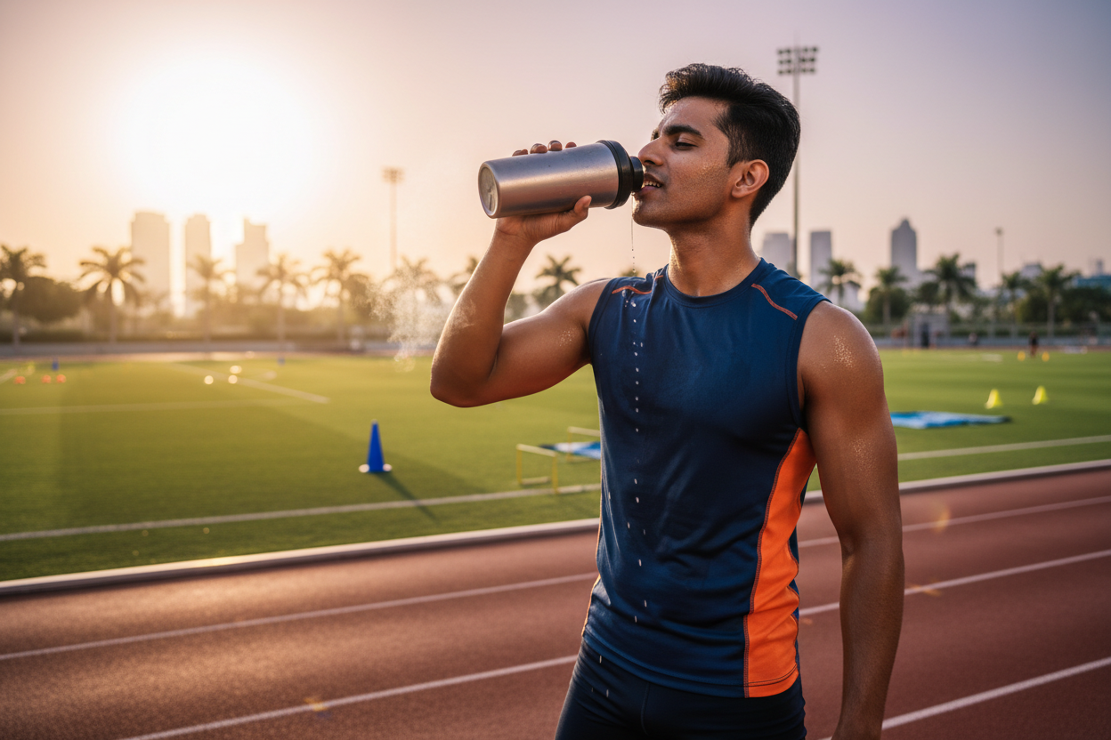 Young Indian athlete post-workout with shake
